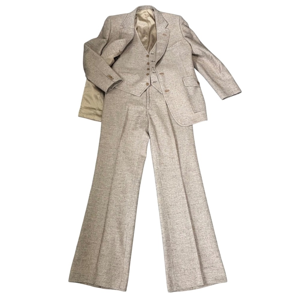 VTG 70's Johnny Carson 3 Piece Suit Mens 42L Tan 34x34 Textured Tweed Retro BOHO
